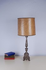 Lampada tavolo Vecchio candelabro elettrificato legno lamina argento paralume