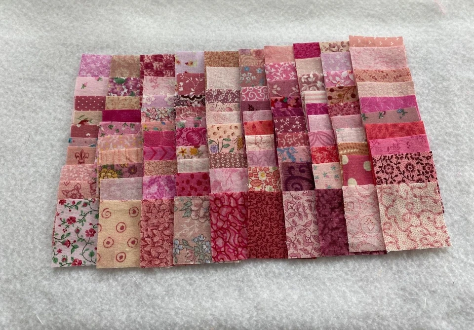 50 DIFFERENT PINK 1 1/2-INCH CALICO FABRIC QUILT SQUARES - MANY VINTAGE PRINTS