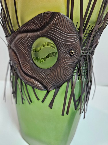 2010 Jim & Connie GRANT Copper Wrapped VASE Lime Green Amber Celestial Art Glass - Picture 9 of 16