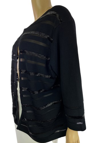 Grace Dane Lewis Sz 1X Black Cardigan Sweater Black Beads in Stripes 3/4 Sleeve - Picture 3 of 4