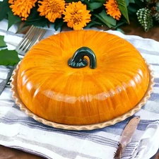 VTG Pumpkin Pie Dish Server Platter with Lid Ceramic Thanksgiving Harvest READ