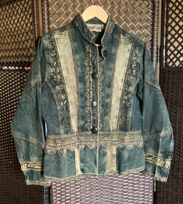 VTG URBAN TRIBE Embroidered Detail Accent Denim Jacket Boho Size M