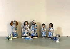 Tonala Nativity Pieces Hand Painted Blue Floral Mexican Pottery 8 piece 3.5"