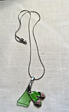 AUTHENTIC SEA GLASS PENDANTS/NECKLACE, GREEN W/FLIP FLOP CHARM-18 , GIFT