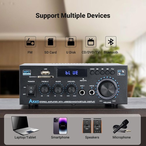 2-CH HiFi Stereo Power Amplifier BT5.0 300Wx2 USB 2.0+SD Card Easy to operate - Picture 9 of 11