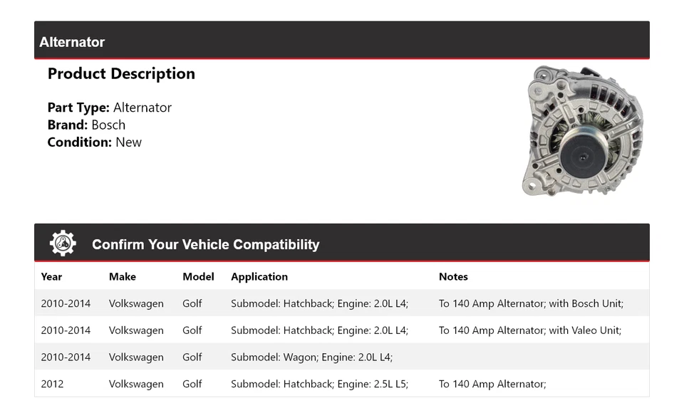 Alternador para Volkswagen Golf Bosch 2010-2014 (nuevo) 2011 2012 2013 Foto 2 de 4