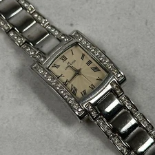 Anne Klein Watch Womens 19mm Pave Bezel Band Rectangle Silver Tone New Battery