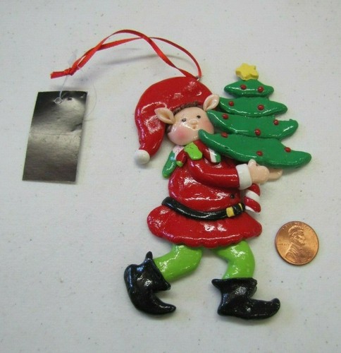 New CHRISTMAS ELF HOLDING TREE for Holiday Christmas Tree Ornament #2