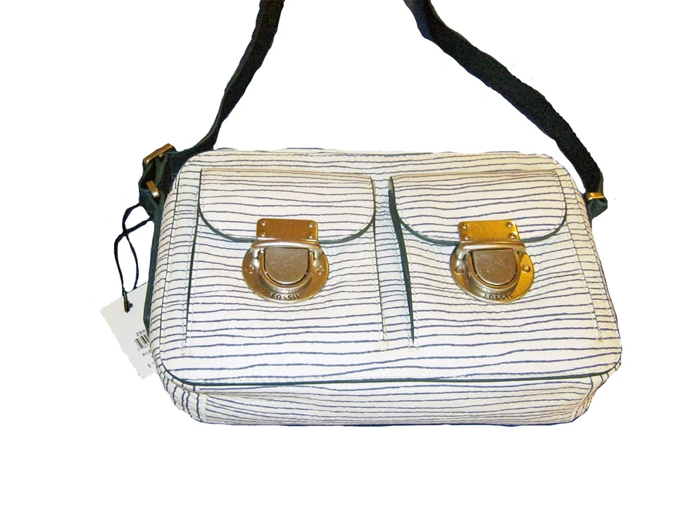 Bolso Bandolera FOSSIL RILEY Para Mujer Cuero Xbody Blanco Azul Nuevo con Etiquetas $188