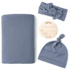 Baby Girl Newborn Receiving Blanket with Matching Headband and Beanie Set Blue