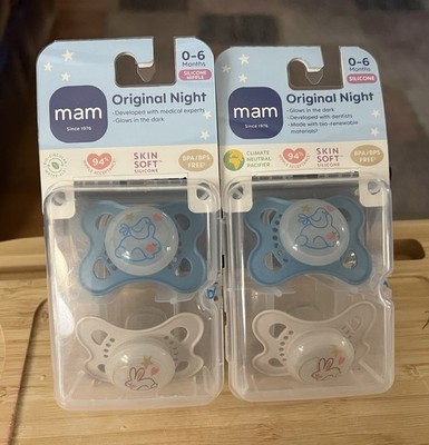 2 MAM Original Night Orthodontic Glow in the Dark Pacifiers with Case 0-6 Months