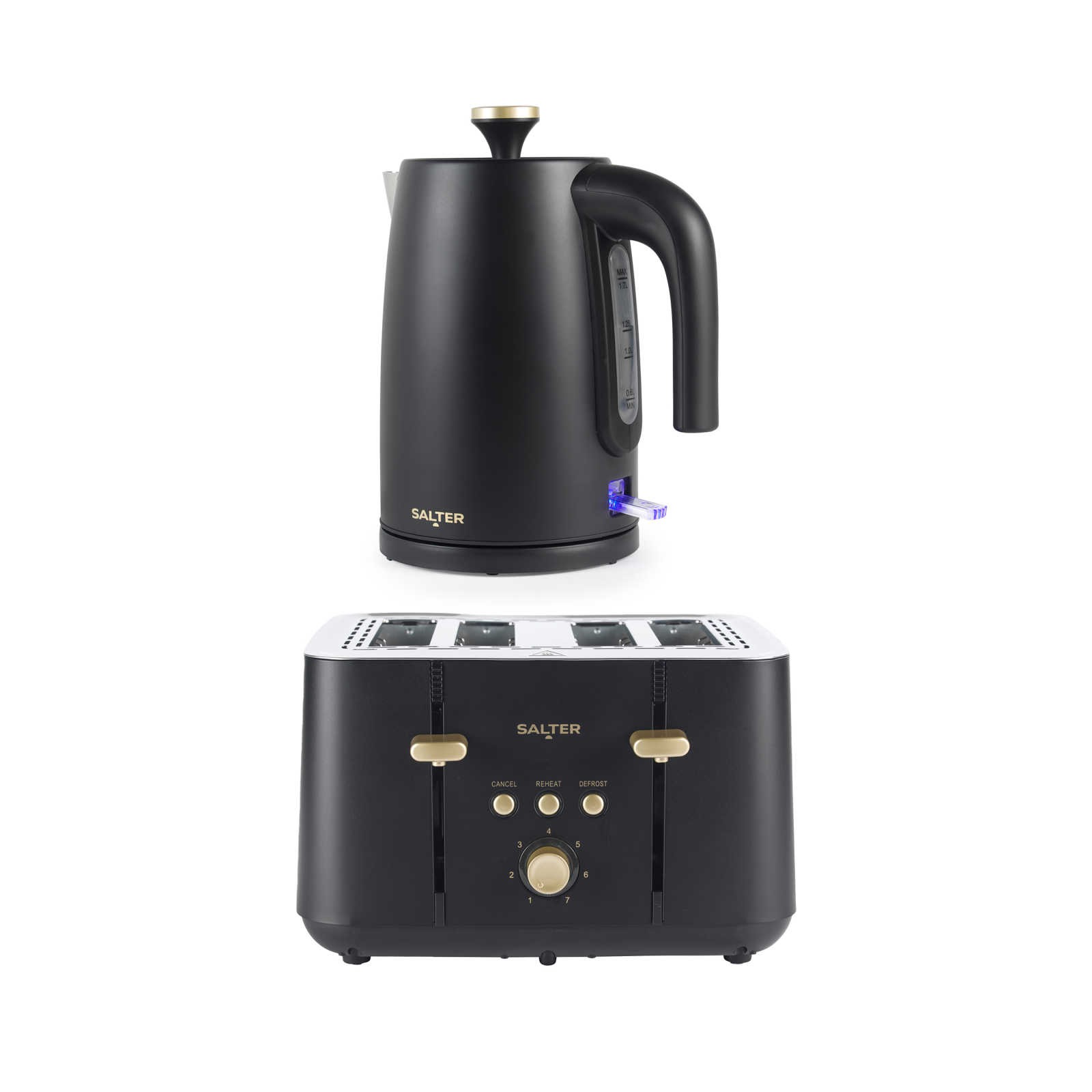 Salter Alchemy Kettle & Toaster Set 1.7L Rapid Boil 4 Slice 1850W Black and Gold