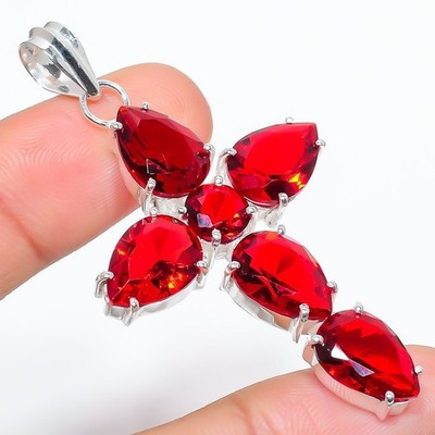 Red Garnet Gemstone Handmade 925 Sterling Silver Jewelry Pendant Size 2.50''
