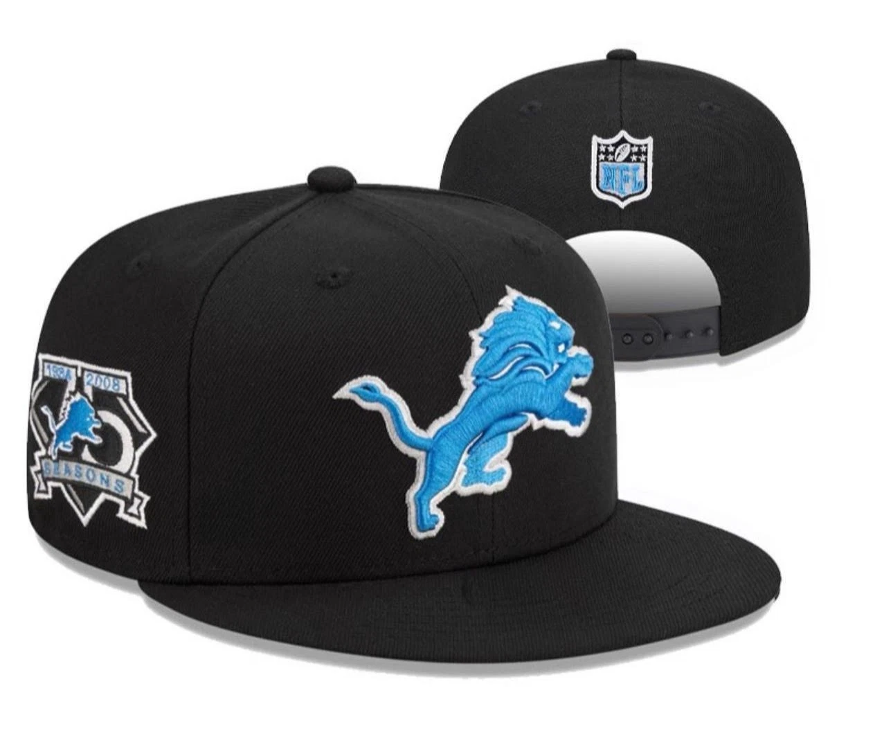 Detroit Lions Snapback Hat Black Flat Brim Blue Logo Adjustable Football Cap