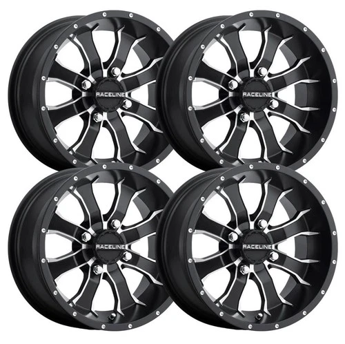 (Set-4) Raceline Mamba Black Machined 10x5 4x144 18mm Wheels Rims 10 Inch