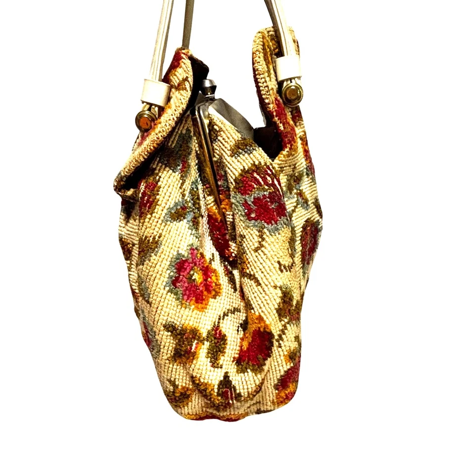 Bolso de mano vintage tapiz de aguja bolsillo libro beige floral abuela Boho Foto 4 de 4