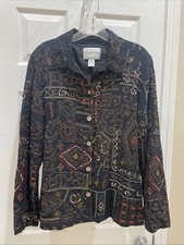 Chicos Button Gorgeous black beaded Long Sleeve Blouse Jacket Sz 1 gorgeous