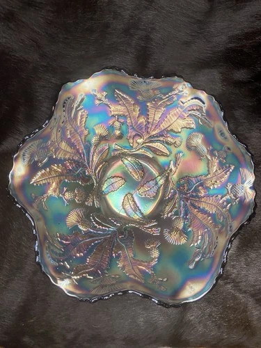 Fenton “Thistle” Pattern Carnival Glass Ruffled Bowl Blue Iridescent