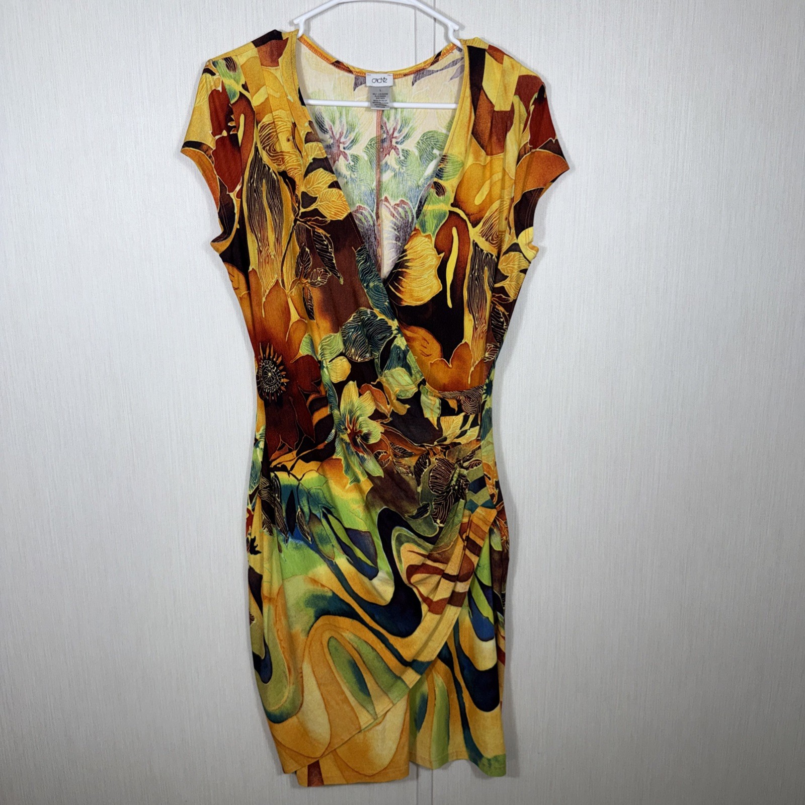 Cache L Orange Jungle Print Faux Wrap Dress Tropical Chic Resort Core Y2K
