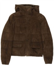 Max Mara Womens Hooded Suede Padded Jacket UK 10 Small Khaki Leather Biker W112