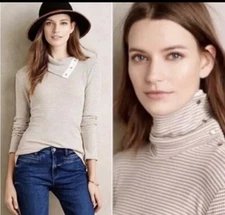 Dolan Left Coast Anthropologie Striped Snap Turtleneck Beige size S
