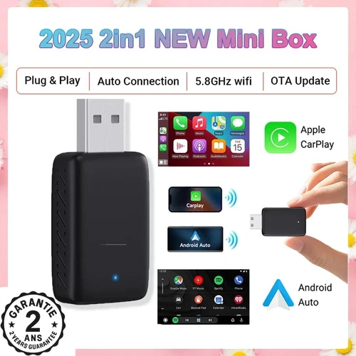 Adaptateur Carplay Android Auto 2 en 1 Clé Bluetooth WIFI USB Sans Fil Apple iOS