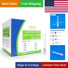 100 Pack 34 Ga 4mm Disposable Needles with Caps for Scientific and Industrial...