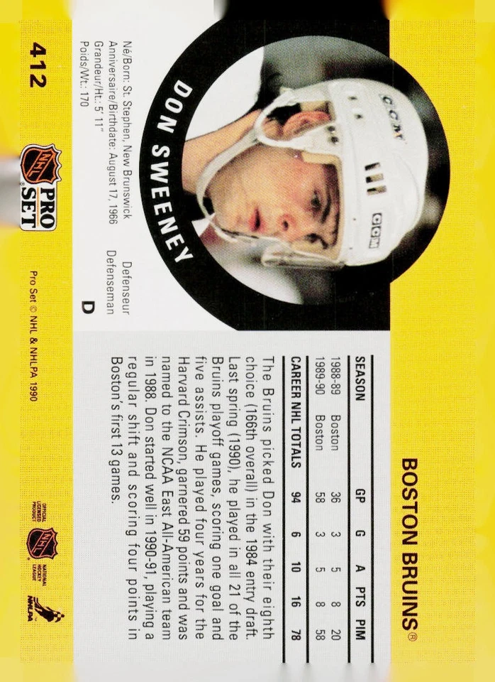 1990-91 Pro Set #412 Don Sweeney - Image 2 of 2