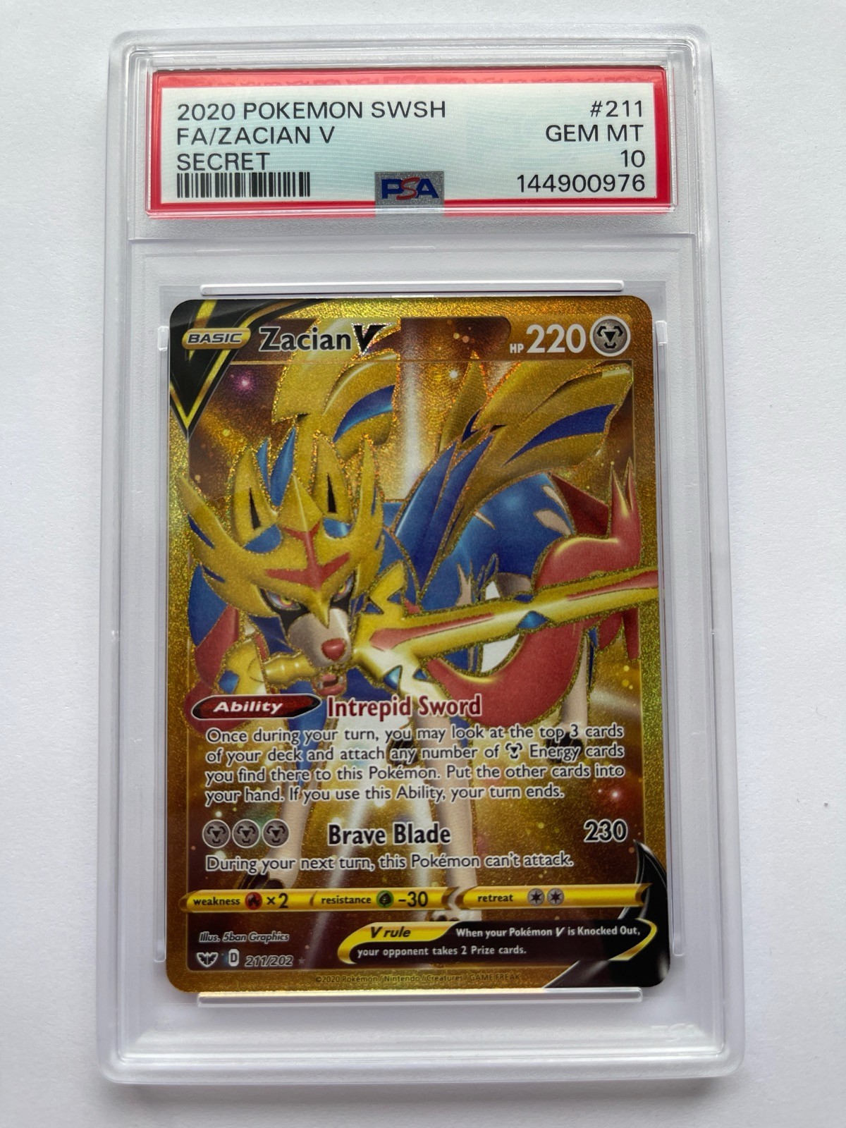 Zacian V Gold Secret Rare Pokemon Sword & Shield Base 211/202 PSA 10 2020