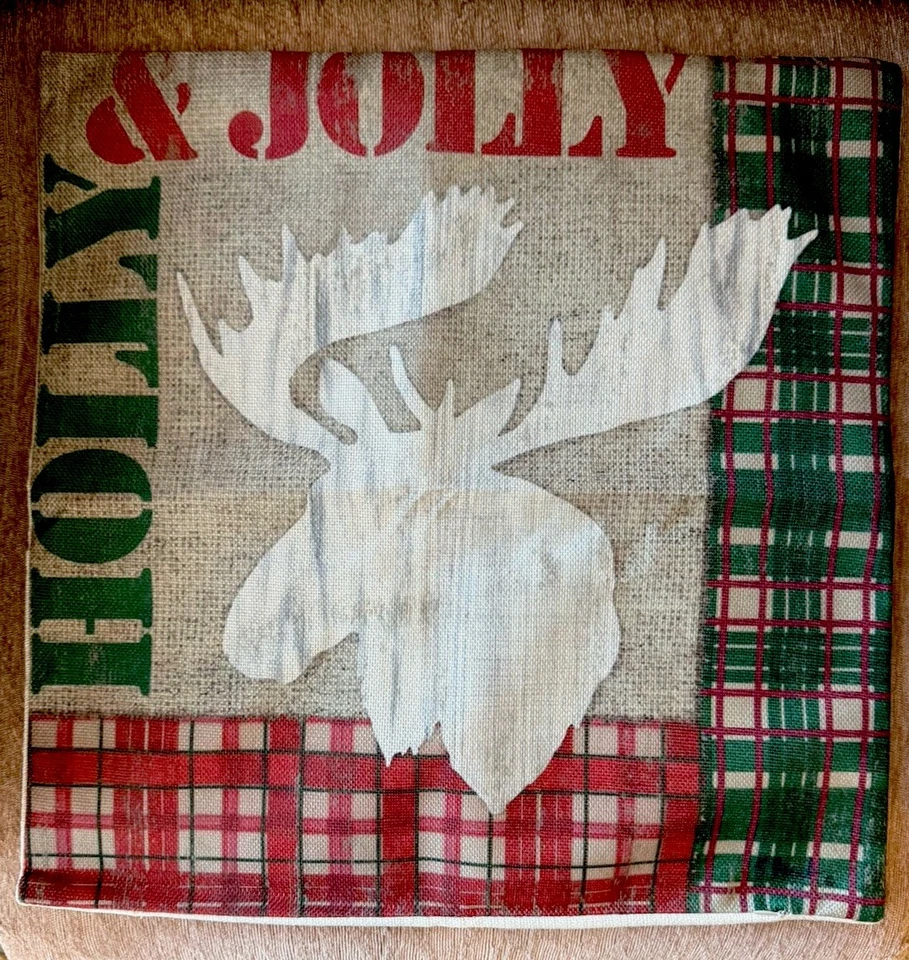 Christmas Pillow Covers (2) 18x18 Plaid Deer Throw Decorative Covers - Image 3 of 4