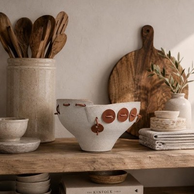 Handmade Ceramic Fruit Bowl with Leather Accents