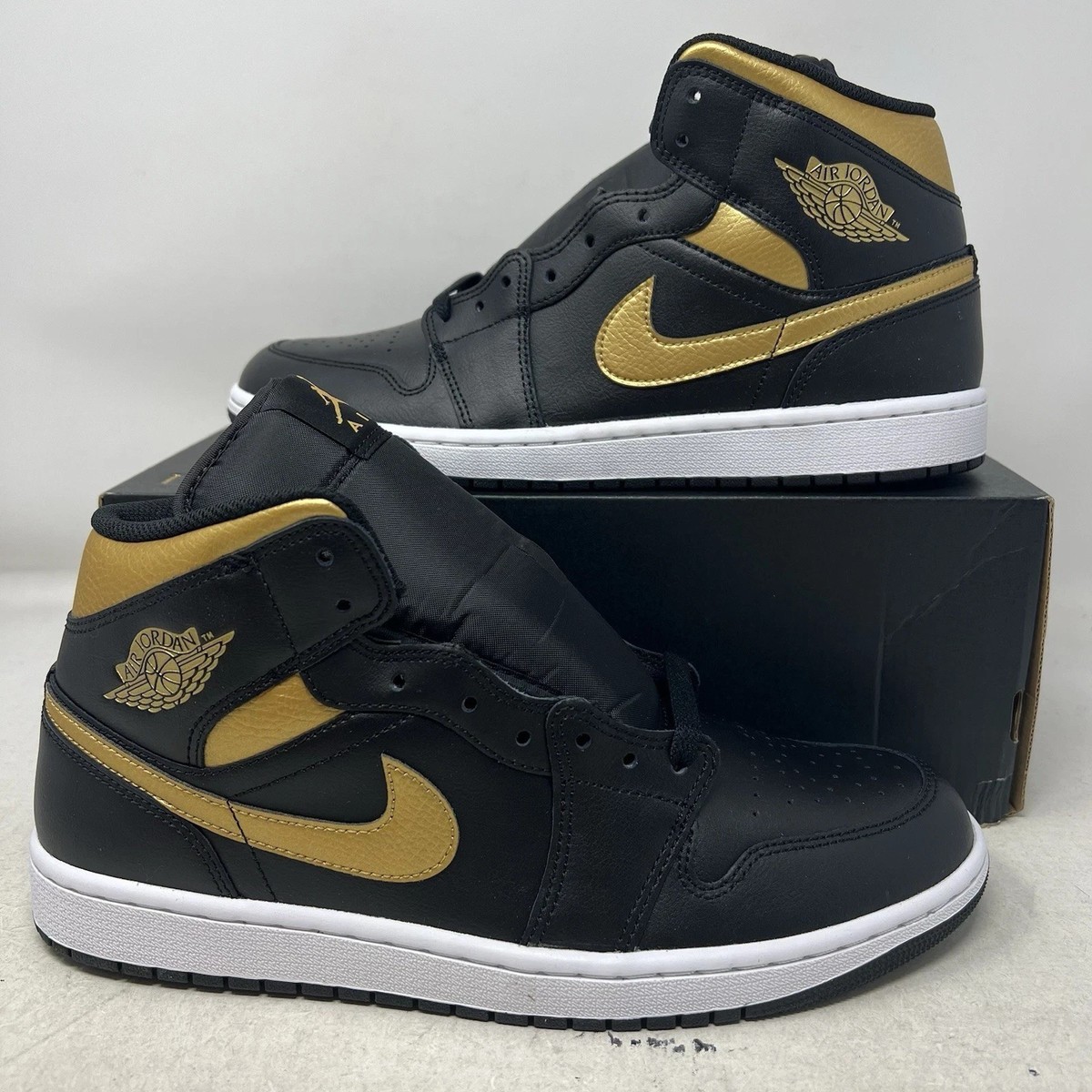 Nike Air Jordan 1 Mid Black Metallic Gold White Men's Sneakers No