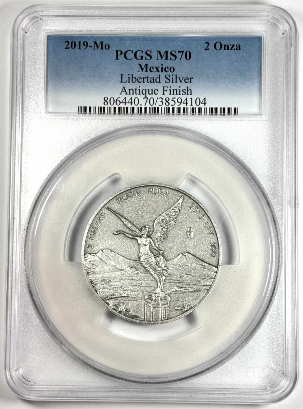 2019-Mo Mexico Libertad Silver 2 Onza PCGS MS70 Mexican Coin- Antique Finish