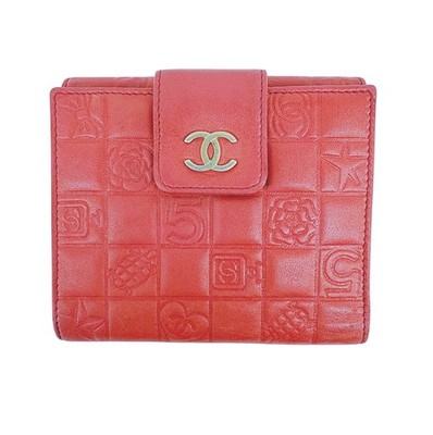 CHANEL Icon Line Bifold Wallet Lambskin Rose Red CC Mark Gold Hardware