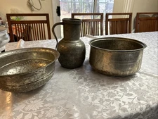 Lot Of 3 Antique Persian Handmade Copper Pot Strainer Jug