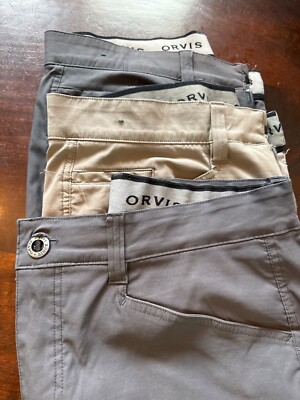 Three pair of Orvis pants 36x30 2 gray and 1 Khaki