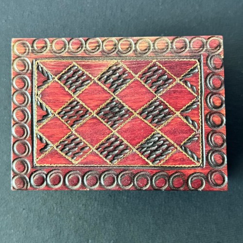 Wooden Trinket Box Polish Poland Red Small Jewelry Hinged 3.5 x 2.5 x 2 Rustic - Picture 2 of 14