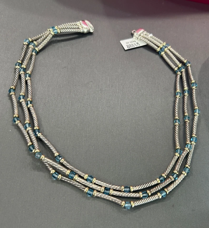 COLLAR DAVID YURMAN PLATA ESTERLINA ORO 14K 3 HILOS CABLE TOPACIO AZUL CUENTAS Foto 4 de 4