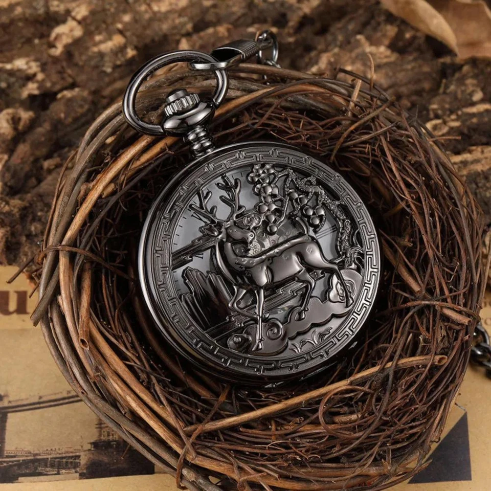 Mechanical Pocket Watch Double Hunter Skeleton Dial Exhibition Deer Engraved NEW - Изображение 3 из 4