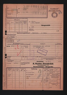 Frachtbrief 1952, A. Huster Baumaschinen Baugeräte OSNABRÜCK nach BENTHEIM