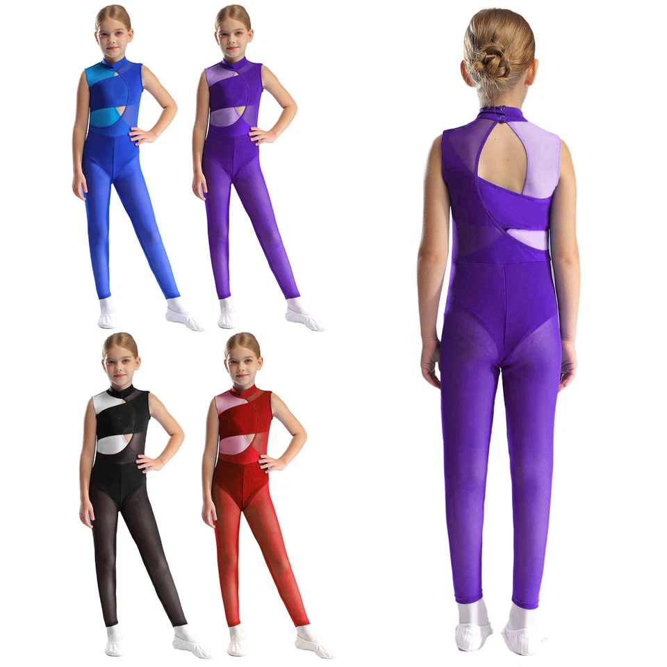 Kids Girls Romper Activewear Bodysuit Color Block Jumpsuit Mock Neck Catsuit - Image 3 of 3