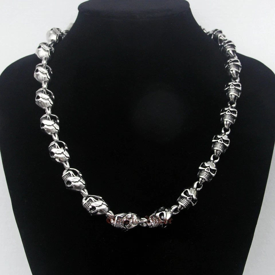 Collar de eslabones de cadena de calavera de acero inoxidable pesado retro plateado gótico punk para hombre Foto 2 de 4
