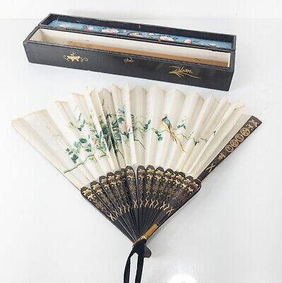 Buy Antique Chinese Lacquered Hand Fan With Painted Silk And Lacquer Box