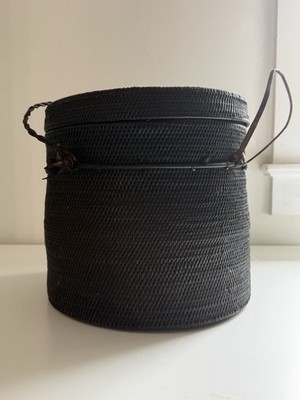 Handwooven Bamboo Rice Basket Lidded Philipines Ulbong Ifugao Dark Round Antique