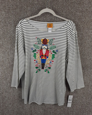 Ruby Rd. Nutcracker Holiday Top Womens 1X Plus Black White Stripe Stretch NWT