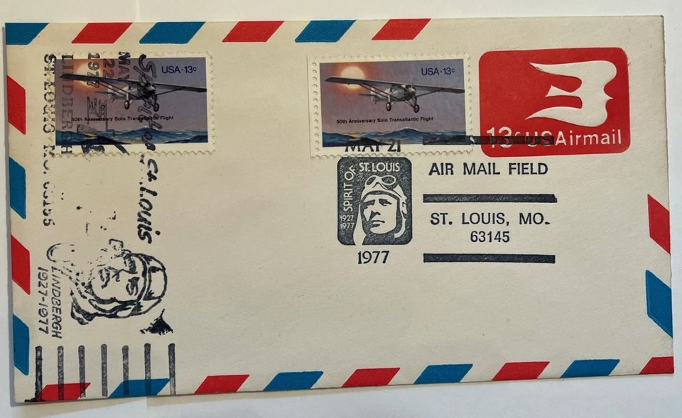1977 Spirit of St Louis Commemorative Postmark Covers w/ Plate Block of Stamps - Image 2 of 4