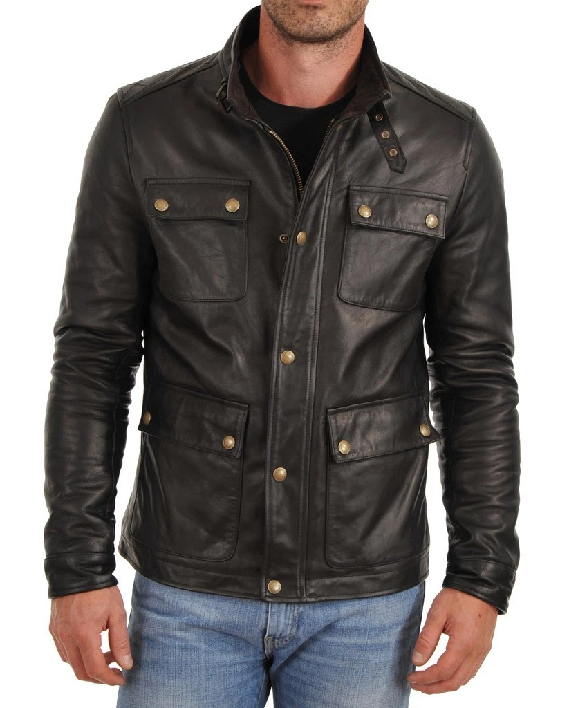 Men's Real Lambskin Jacket Genuine Leather Brown/Black Biker Motorcycle Jacket