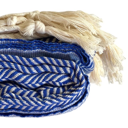 59" X 71" Blue and Beige Cotton Striped Throw Blanket with Tassels - Picture 3 of 7