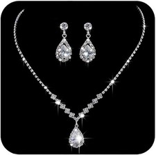 Unicra Bride Crystal Necklace Earrings Set Bridal Wedding Jewelry A-Silver