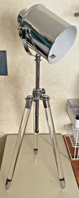 TALL DREXEL HERITAGE ADJUSTABLE LUCITE & CHROME HOODED TRIPOD TABLE LAMP
